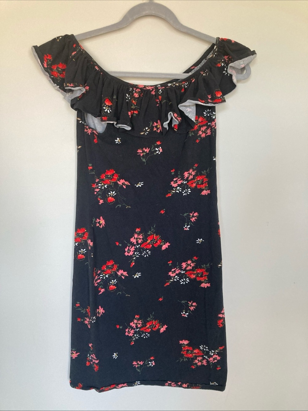 Rebecca Taylor Marguerite Off Shoulder Red  Floral Mini Dress M Black Ruffle
